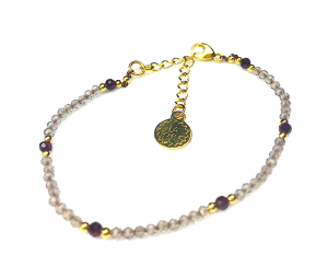 Bransoletka kwarc dymny jasny z granatem pozłacana