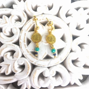 Kolczyki monetki  na sztyfcie z turkusem złote 