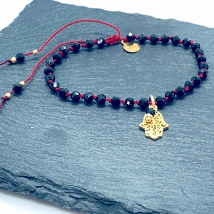 Bransoletka Naturalność supełkowana czarny turmalin Hamsa Dłoń Fatimy złota