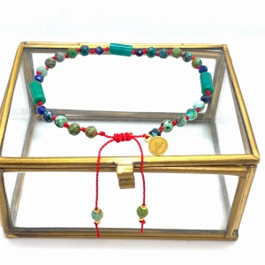 Bransoletka Naturalność  supełkowany turkus  czerwona złocona 