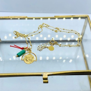 Naszyjnik łańcuch z monetą 16mm i turkusikiem 45 cm złocony 