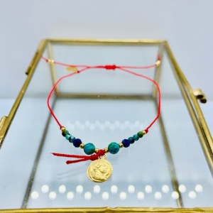Bransoletka Naturalność turkusy monetka czerwona  złocone 
