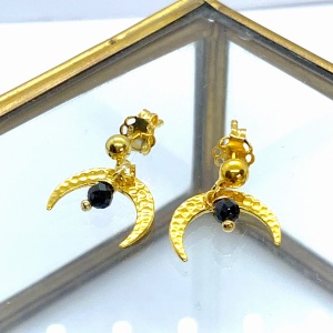 Kolczyki  na sztyft księżyc i spinel czarny złocone