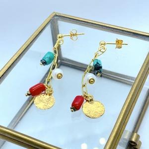 Kolczyki  na sztyft łańcuszek  turkus koral perła złocone 