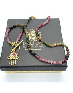 Naszyjnik turmalin zapięcie toggle Hamsa Dłoń Fatimy Opatrzności  złoty