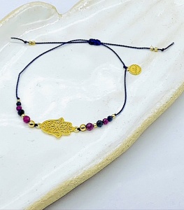 Bransoletka Naturalność Hamsa Dłoń Fatimy  Opatrzności  szafiry rubiny granat złocona 