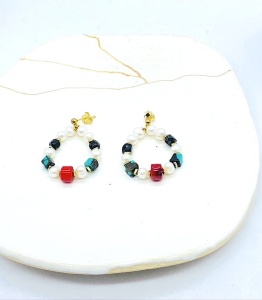 Kolczyki perły turkus koral  spinel wianuszki sztyft złocone