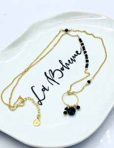 Naszyjnik łańcuszek z kamieniami zawieszka kółko czarny turmalin spinel 50 cm złocony 