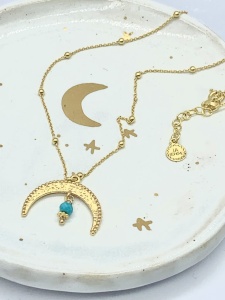 Naszyjnik łańcuszek z kuleczkami Lunula Luna Księżyc turkus 40cm złocony 