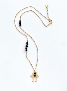 Naszyjnik Hamsa Dłoń Fatimy Opatrzności czarny turmalin  50cm pozłacane 
