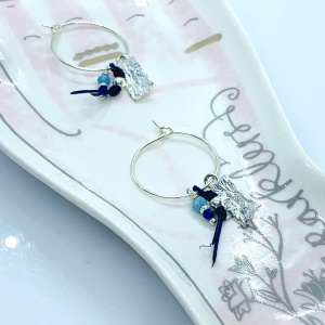 Kolczyki koła na haczyk Boho turkus lapis granatowa nitka  blaszka srebro