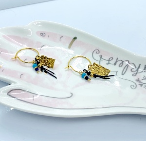 Kolczyki koła na haczyk Boho turkus lapis granatowa nitka  blaszka pozłacane 